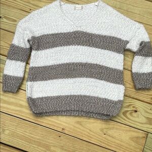 Altar’d State Chunky Knit Striped Sweater in White and Gray
